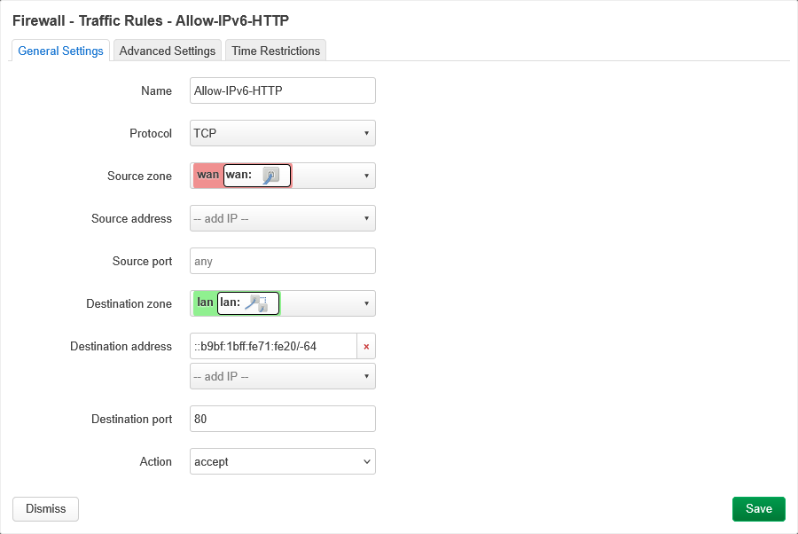 OpenWrt → Firewall → Traffic Rules → Allow-IPv6-HTTP